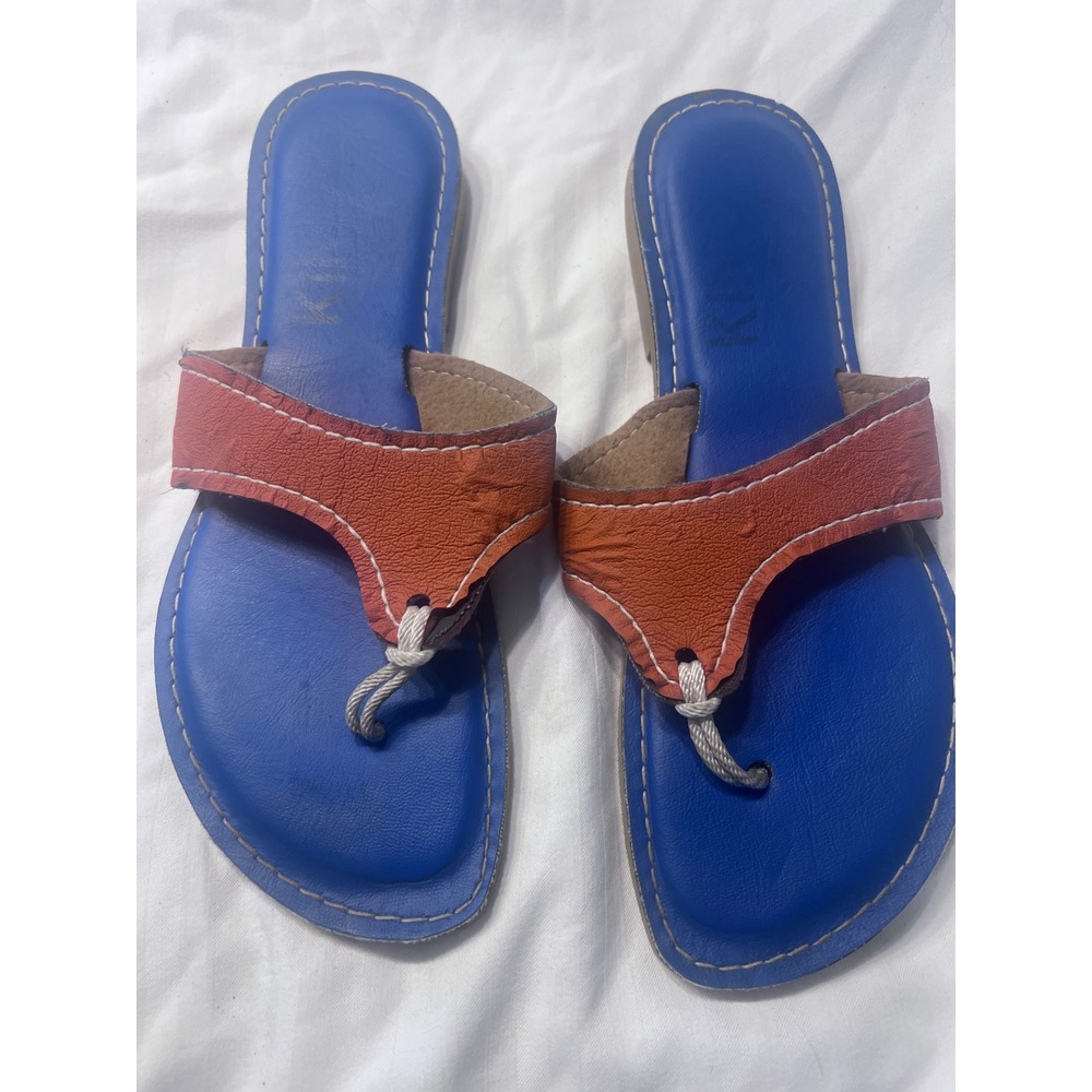 Kino Sandals Key‎ West Womens Leather Thong Slides Blue Orange Handmade Summer